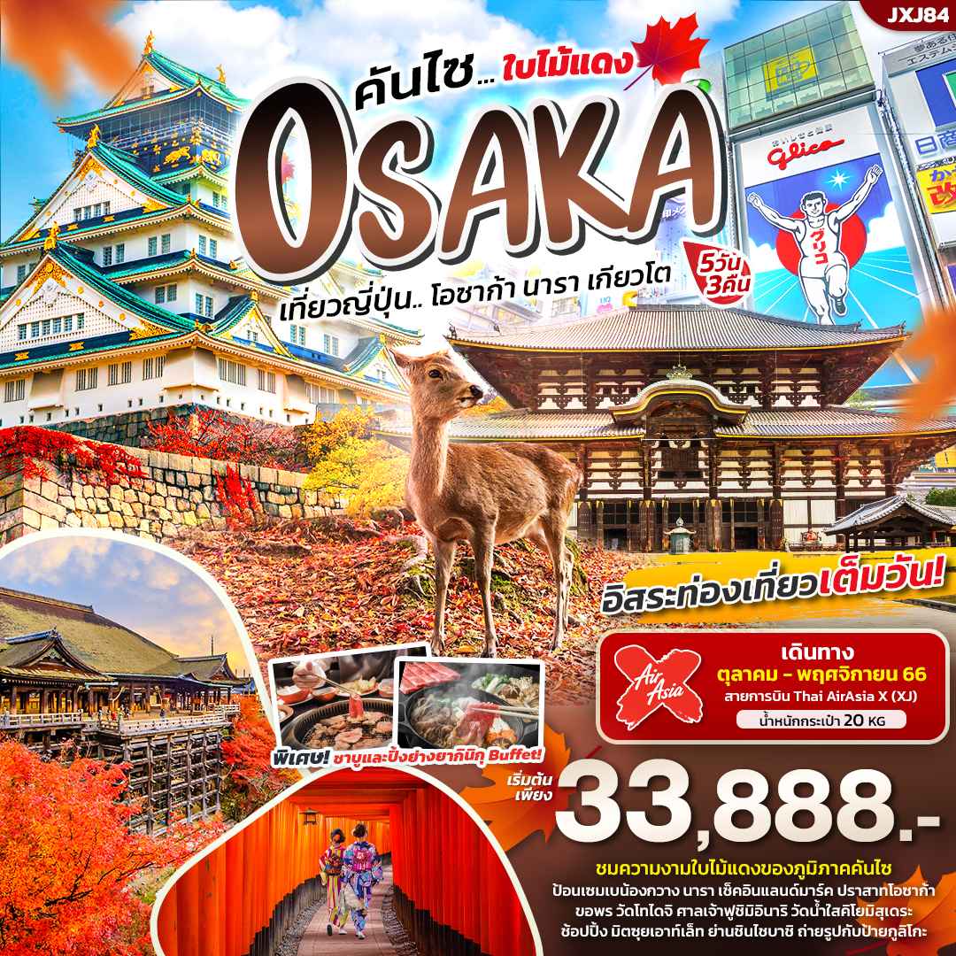 ทัวร์ญี่ปุ่น AJP72-26 Kansai ใบไม้แดง Osaka Nara Kyoto ฟรีเดย์ (301166)